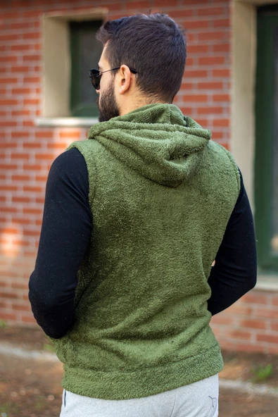 Erkek Haki Peluş Yumoş Fermuarlı Kapüşonlu Yelek 22EYLKPELO - Resim 6