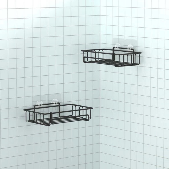TEKNOTEL YAPIŞKANLI KANCALI 2 ADET BANYO RAFI MAT SİYAH ST242H - 3