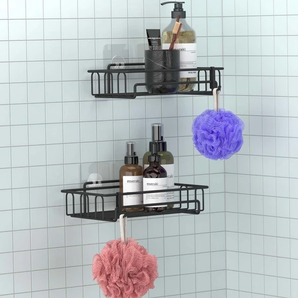 TEKNOTEL YAPIŞKANLI KANCALI 2 ADET BANYO RAFI MAT SİYAH ST242H - 2