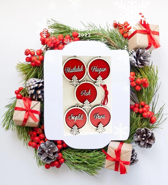 Ahşap Çam Ağacı Süsü - 8x8 cm 5'li SET - 4