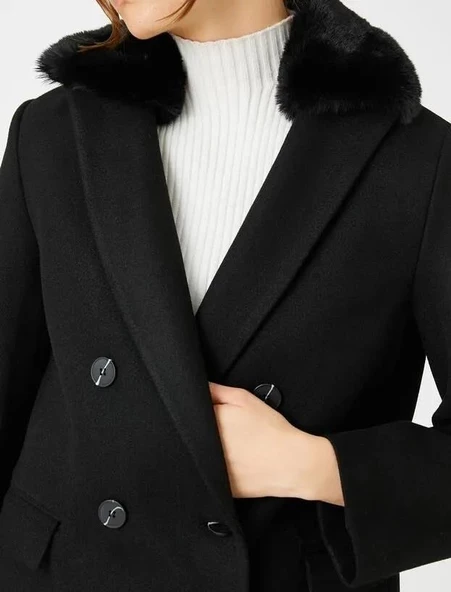 Koton Kadın Kruvaze Kaşe Kaban Peluş Detaylı - 5