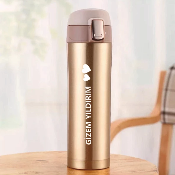 Kişiye Özel Isim Baskılı Kilit Sistemli Sızdırmaz 304 Paslanmaz Çelik 450 Ml Çift Katmanlı Termos