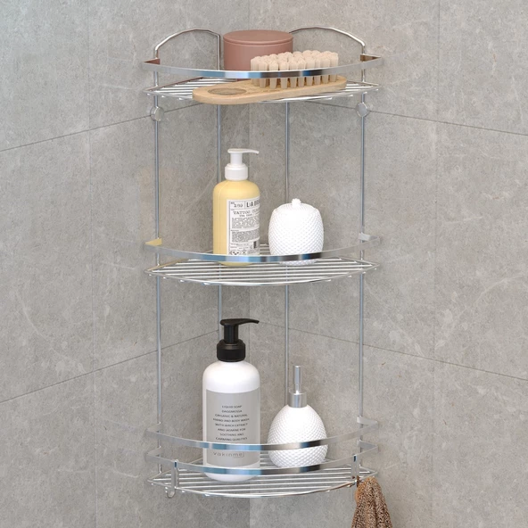 TEKNOTEL ÜÇ KATLI BANYO KÖŞE RAFI KANCALI KROM LM009H
