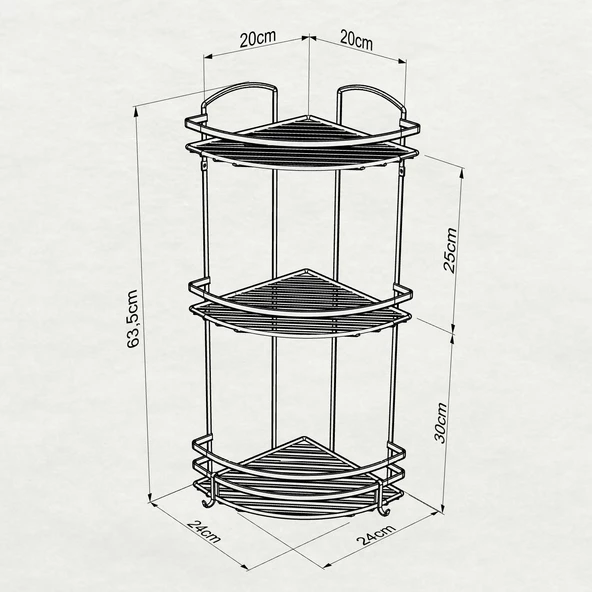 TEKNOTEL ÜÇ KATLI BANYO KÖŞE RAFI KANCALI KROM LM009H - 4