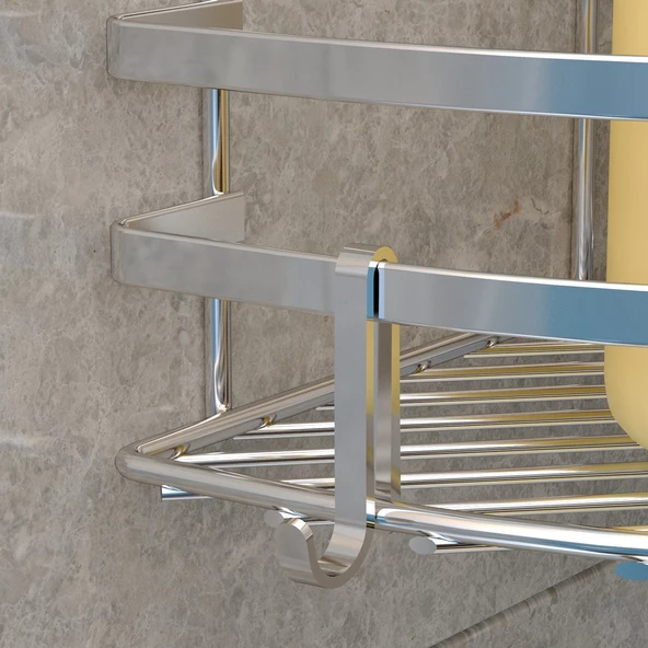 TEKNOTEL ÜÇ KATLI BANYO KÖŞE RAFI KANCALI KROM LM009H - 2