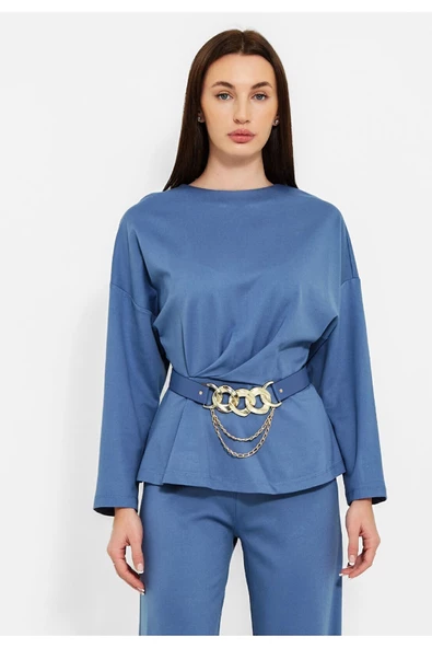 Modatalika Kadın Beli Kemerli Bluz Pantolon İkili Takım - 3