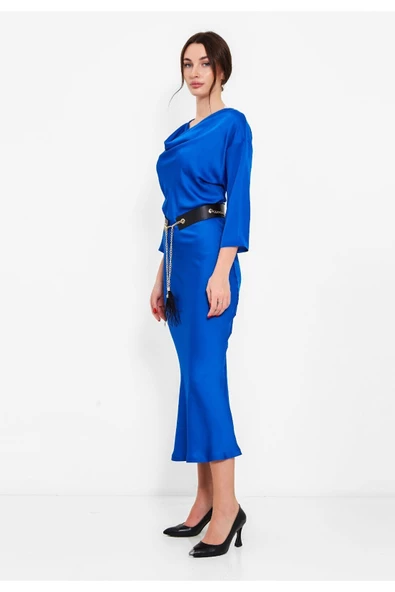 Modatalika Kadın Kemer Hediyeli Saten Elbise - Resim 3