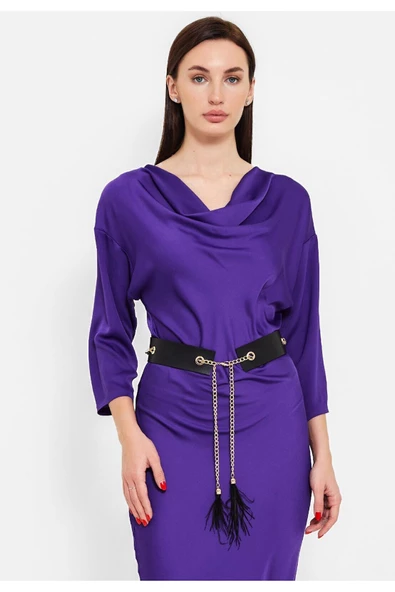 Modatalika Kadın Kemer Hediyeli Saten Elbise - Resim 4