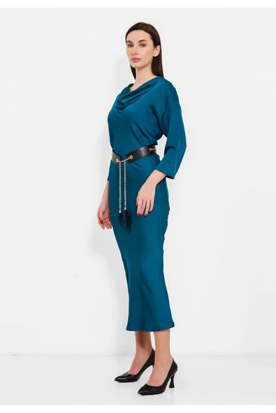 Modatalika Kadın Kemer Hediyeli Saten Elbise - Resim 9