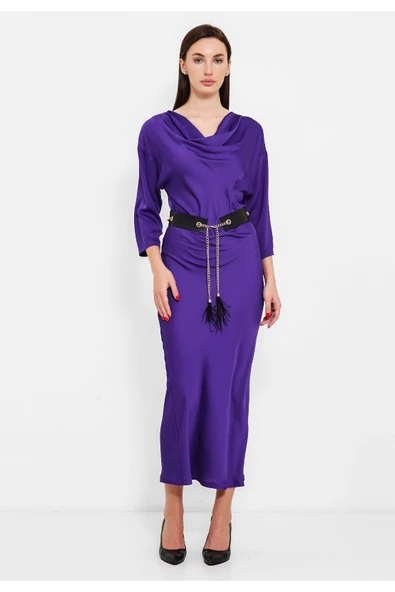 Modatalika Kadın Kemer Hediyeli Saten Elbise - Resim 5