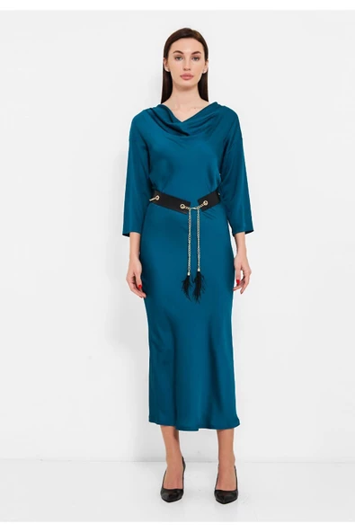 Modatalika Kadın Kemer Hediyeli Saten Elbise - Resim 8
