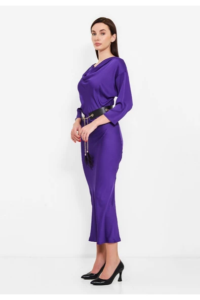 Modatalika Kadın Kemer Hediyeli Saten Elbise - Resim 6