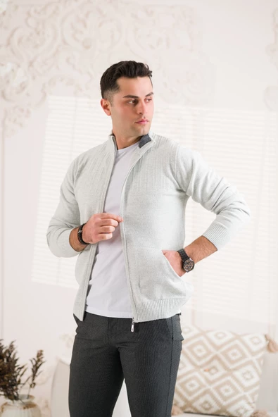 REGULAR FİT DİK YAKA FERMUARLI YAN CEPLİ ERKEK TRİKO HIRKA - 12