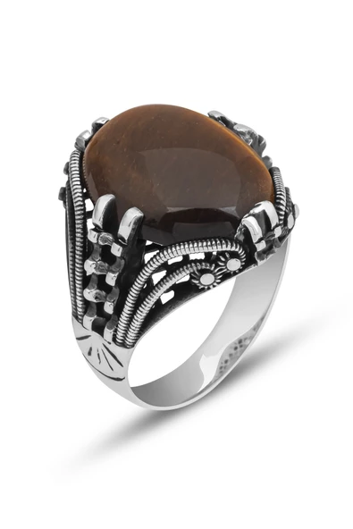 Kaplan Gözü Taşlı Oval 925 Gümüş Erkek Yüzük - Resim 7