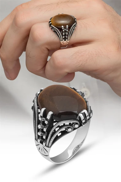 Kaplan Gözü Taşlı Oval 925 Gümüş Erkek Yüzük - Resim 8