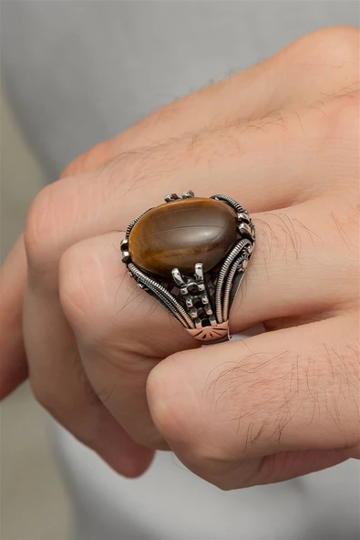 Kaplan Gözü Taşlı Oval 925 Gümüş Erkek Yüzük - Resim 4