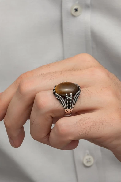 Kaplan Gözü Taşlı Oval 925 Gümüş Erkek Yüzük - Resim 2