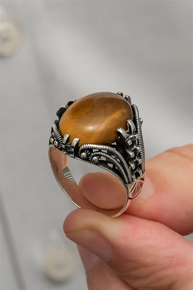 Kaplan Gözü Taşlı Oval 925 Gümüş Erkek Yüzük - Resim 6