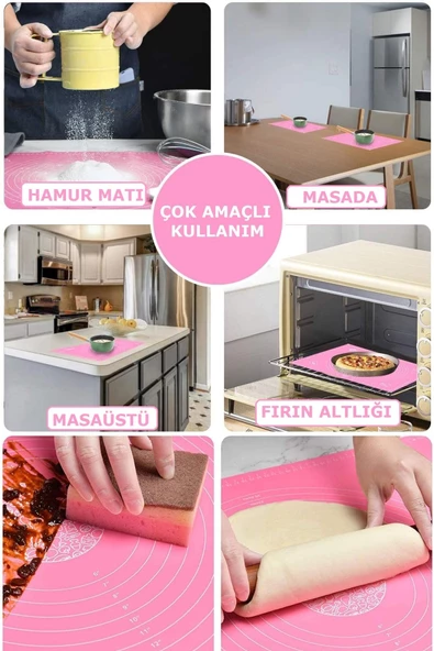 Silikon Hamur Matı Hamur Açma Pasta Fırın Altlığı Matı Ölçülü Hamur Yoğurma Pembe Orta Boy 50X40 - 5