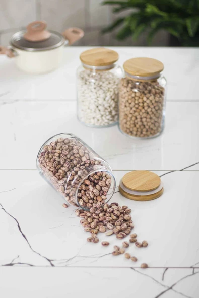 3 Lü Set Bambu Kapaklı Cam Kavanoz & Erzak Saklama Kabı 800 ml Orta  Boy ( Vakum Kapak ) - 3