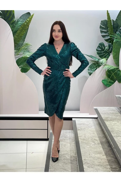 Modatalika Kadın Pullu Kemerli Kısa Abiye Elbise - Resim 6