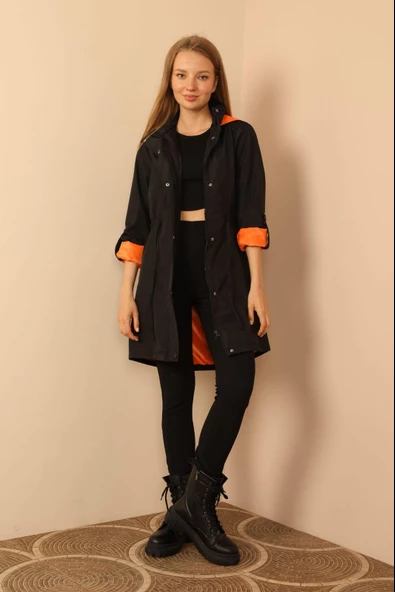 SASHA MODA YAĞMURLUK SİYAH-ORANJ XL - Bondig Kumaş Kapşonlu Uzun Kadın Yağmurluk