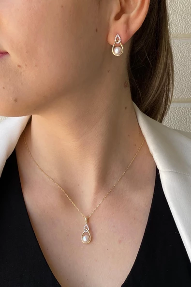 14 Ayar Altın 6 mm Zirkon Taşlı Damla İçinde Doğal İnci Küpe Kolye İkili Set - 1