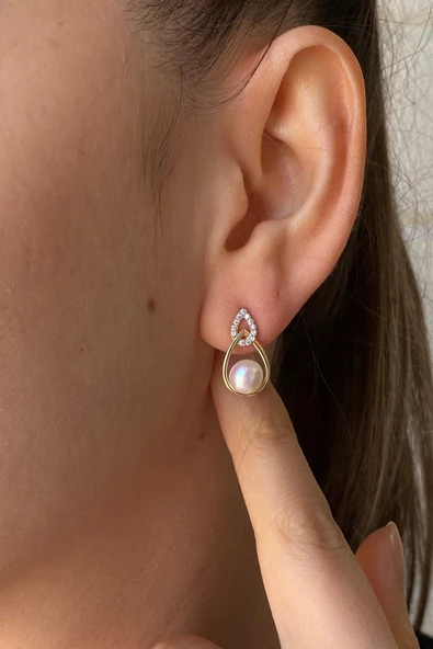 14 Ayar Altın 6 mm Zirkon Taşlı Damla İçinde Doğal İnci Küpe Kolye İkili Set - 2