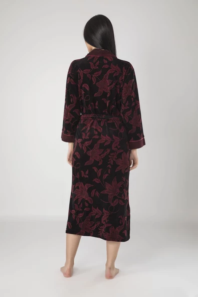 Siyah Bordo Jakarlı Bambu Cotton Bayan Sabahlık - 2