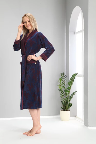 Siyah Bordo Jakarlı Bambu Cotton Bayan Sabahlık - 3