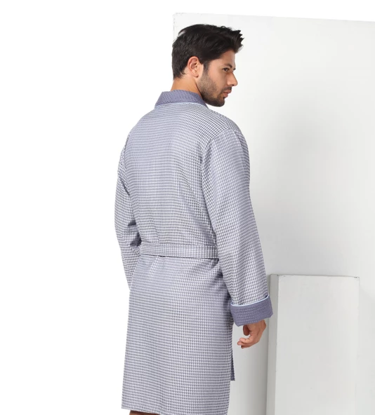 Bej Kısa Şalyaka Kareli Pike Bambo Cotton Erkek Sabahlık - 6