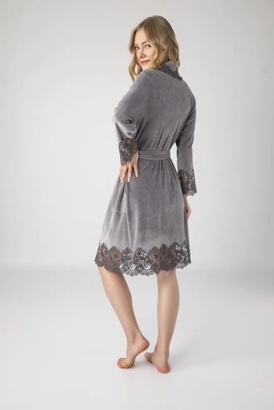 Dantelli Bambo Cotton Niki Kadife Bayan Sabahlık - 4