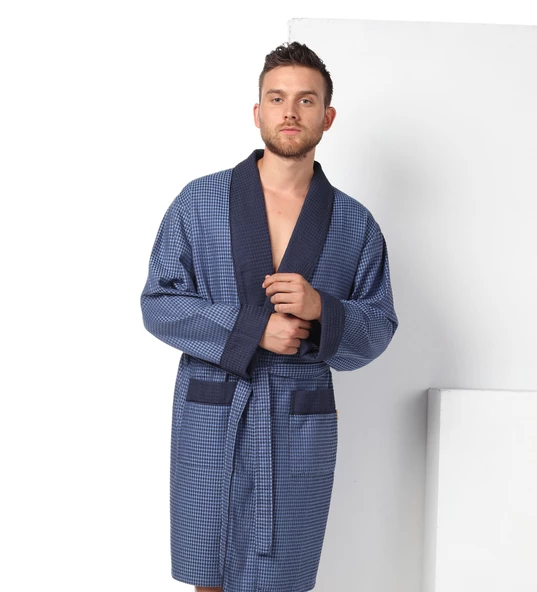 Bej Kısa Şalyaka Kareli Pike Bambo Cotton Erkek Sabahlık - 4