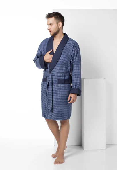 Bej Kısa Şalyaka Kareli Pike Bambo Cotton Erkek Sabahlık - 3