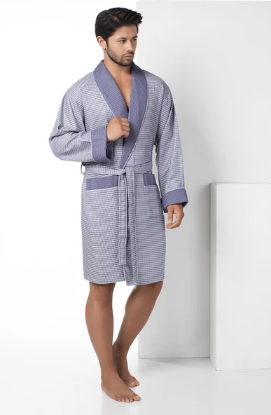 Bej Kısa Şalyaka Kareli Pike Bambo Cotton Erkek Sabahlık - 5