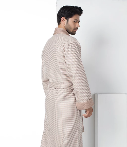 Bej Kısa Şalyaka Kareli Pike Bambo Cotton Erkek Sabahlık - 2