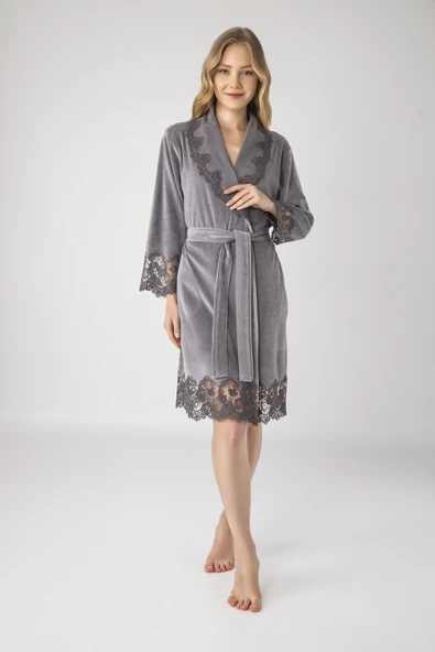 Dantelli Bambo Cotton Niki Kadife Bayan Sabahlık - 3