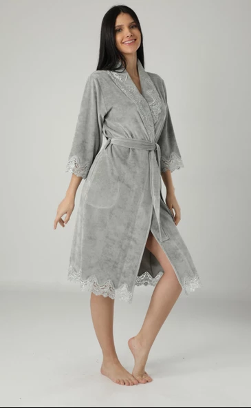 Küf Yeşili Dantelli Bambu Cotton Bayan Sabahlık Bornoz - 6