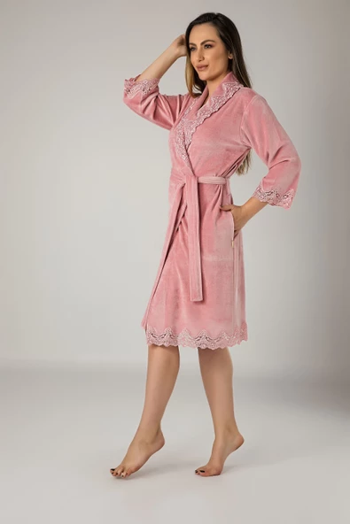 Küf Yeşili Dantelli Bambu Cotton Bayan Sabahlık Bornoz - 4