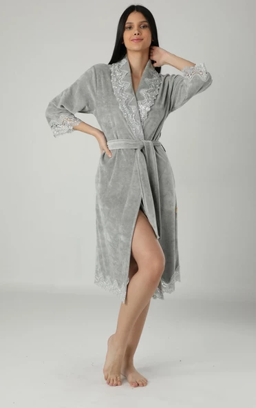 Küf Yeşili Dantelli Bambu Cotton Bayan Sabahlık Bornoz - 5