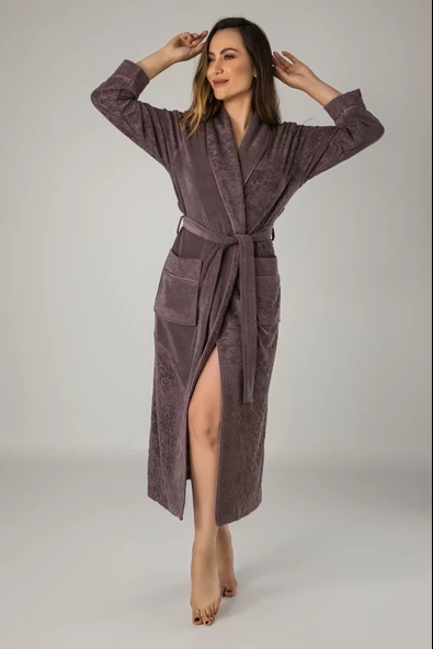 Pudra Jakarlı Pamuklu Bayan Sabahlık Bornoz - 3