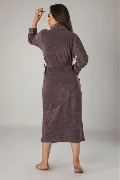 Pudra Jakarlı Pamuklu Bayan Sabahlık Bornoz - 4
