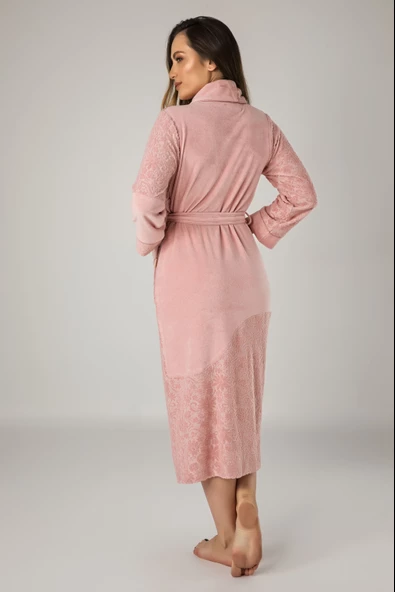 Pudra Jakarlı Pamuklu Bayan Sabahlık Bornoz - 2