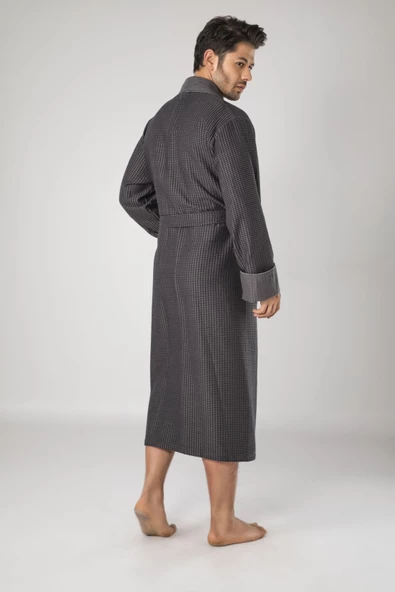 Füme Kareli Pike Bambo Cotton Erkek Sabahlık Bornoz - 8