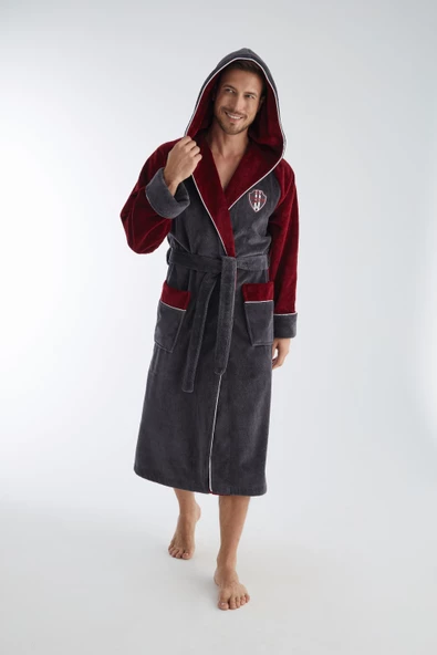 Antrasit Bordo Yaka Nakışlı Bambu Pamuk Erkek Bornozu ürün görseli