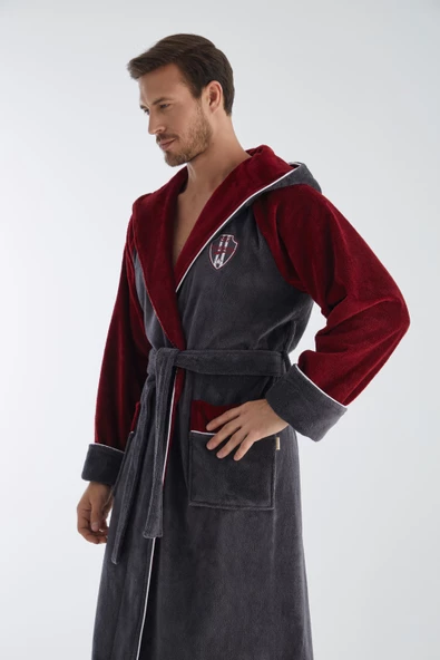 Antrasit Bordo Yaka Nakışlı Bambu Pamuk Erkek Bornozu - Resim 4