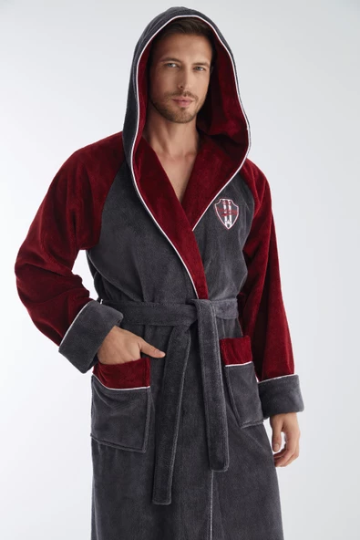 Antrasit Bordo Yaka Nakışlı Bambu Pamuk Erkek Bornozu - Resim 3