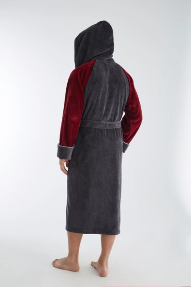 Antrasit Bordo Yaka Nakışlı Bambu Pamuk Erkek Bornozu - Resim 5