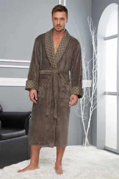 Nefti Renk Yaka Kapitone Bambu Pamuklu Erkek Bornozu - Resim 2