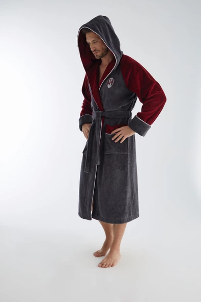 Antrasit Bordo Yaka Nakışlı Bambu Pamuk Erkek Bornozu - Resim 2